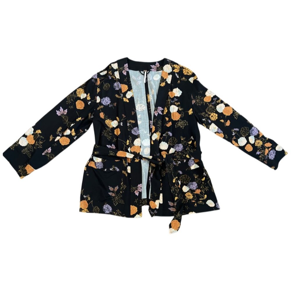Free People Black/Orange/Lavender Floral Kimono - Size S
